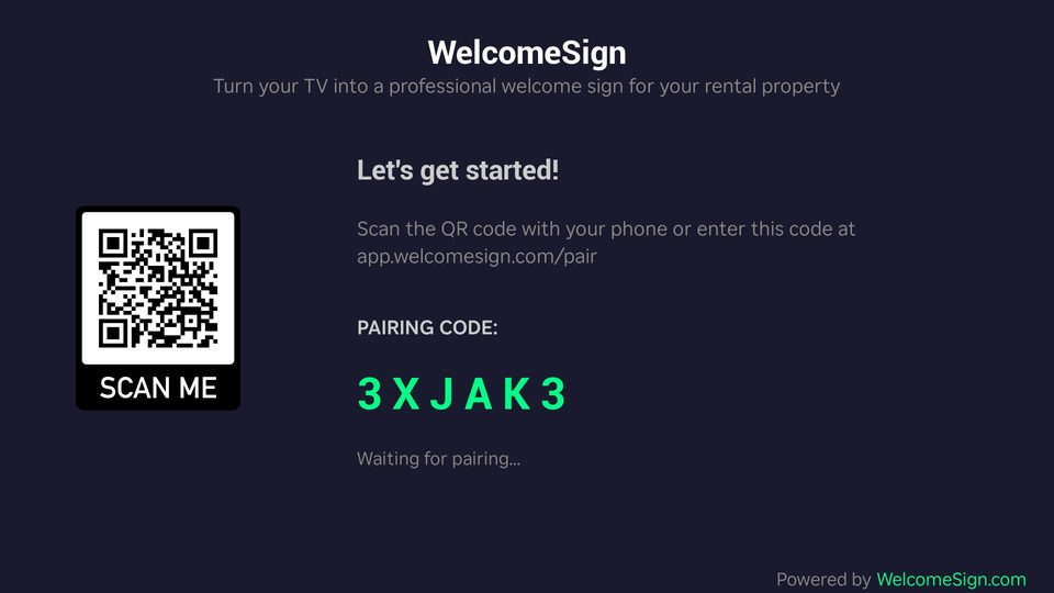 WelcomeSign pairing screen on a Roku TV showing the pairing code